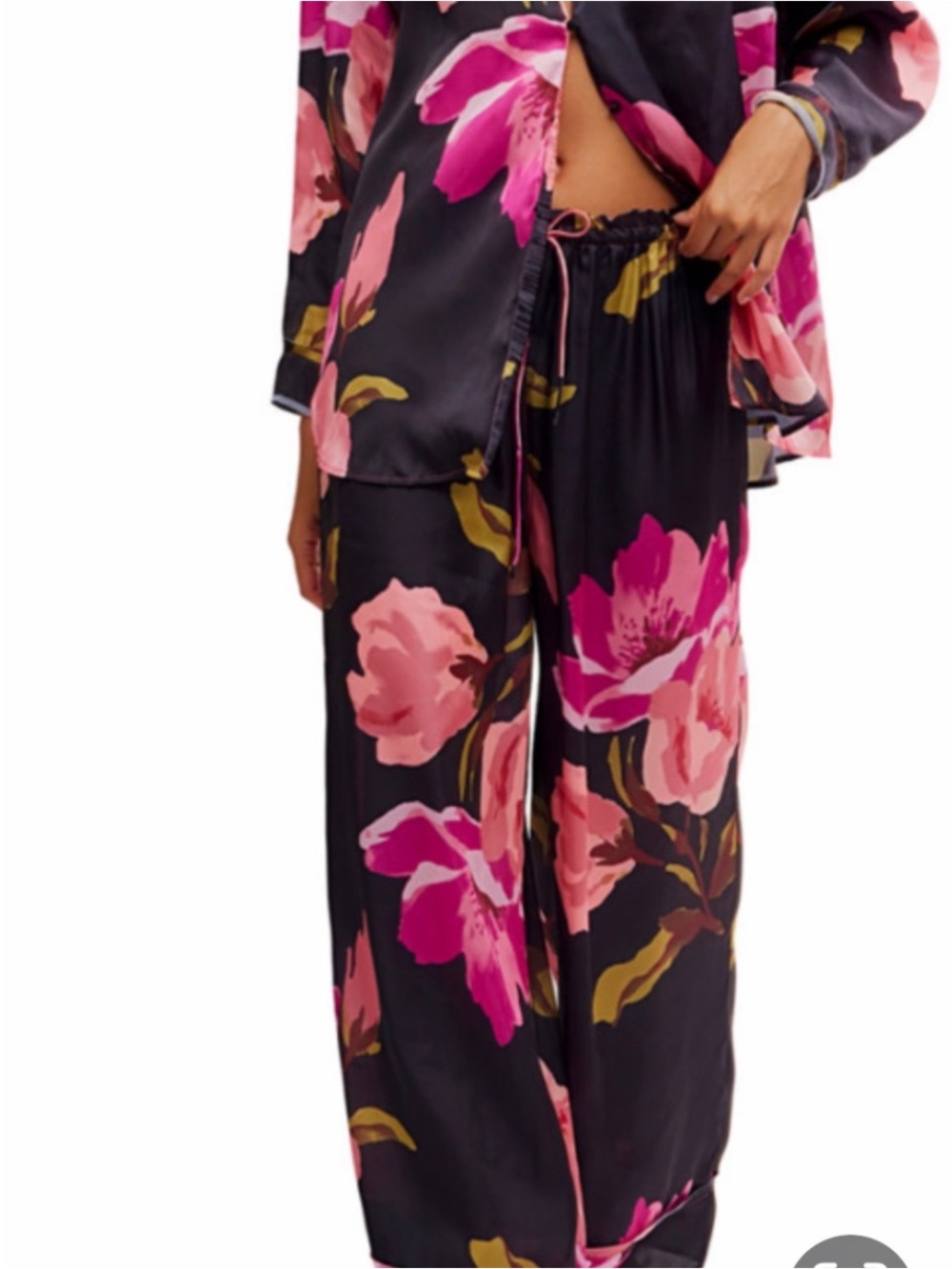 Free People Black Satin Wide-Leg Floral Pants